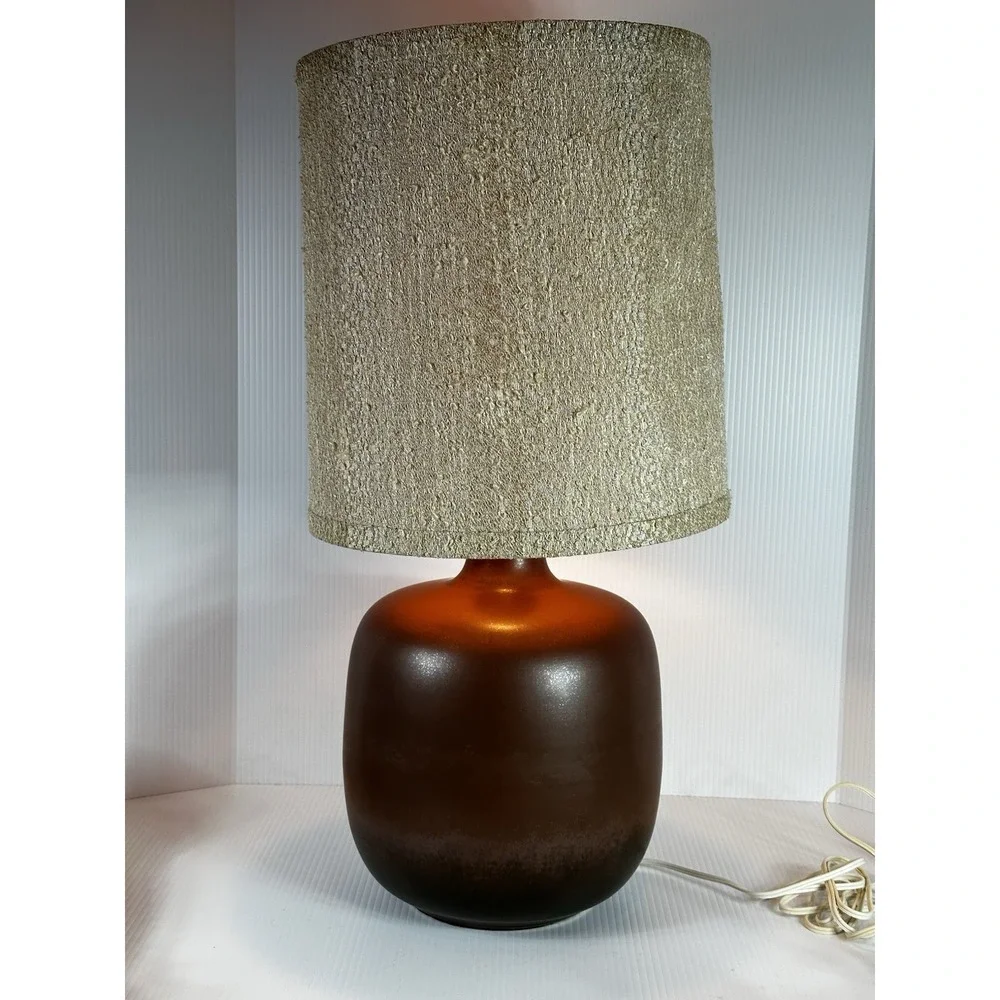 Vintage Bostlund Rich Brown Glaze Pottery Table‎ Lamp With Shade Mid Century Mod